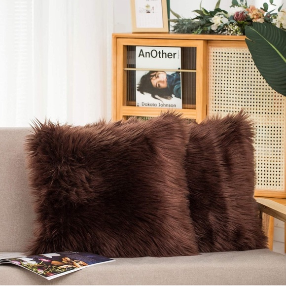 Set of 2 Decorative Faux Fur Throw Pillow Covers, Brown Fluffy Soft Fuzzy - Picture 1 of 5
